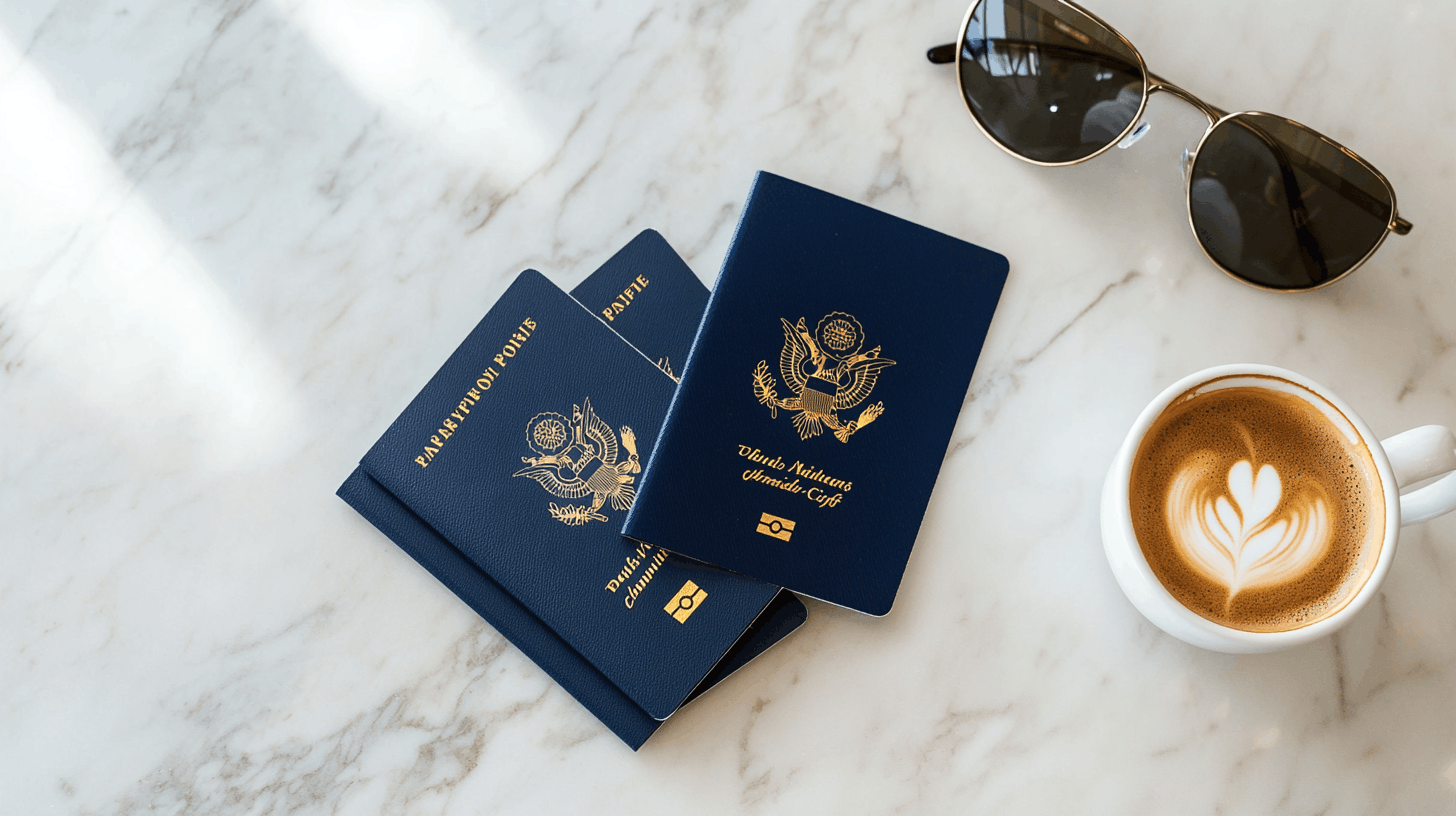 Four passports on marble